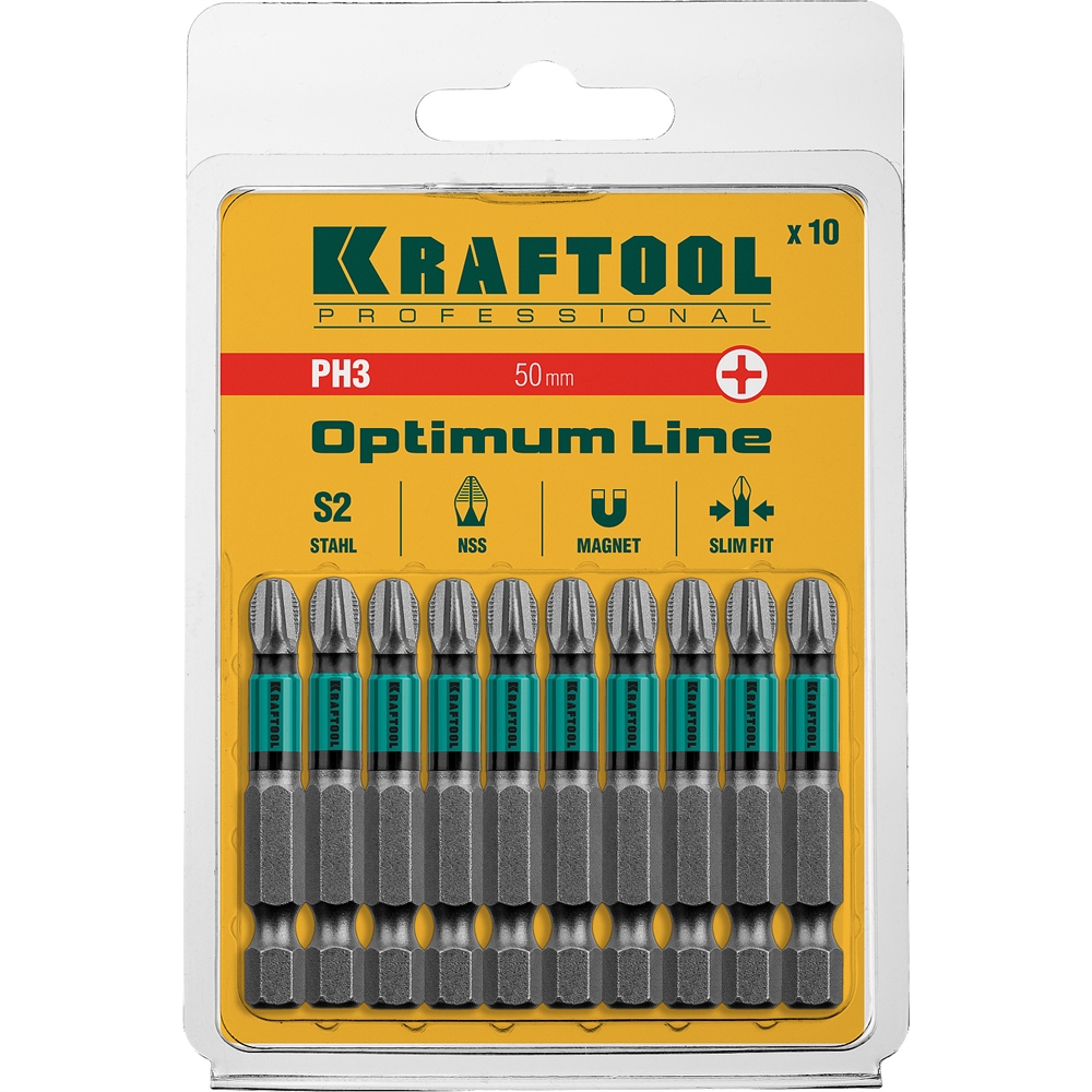 KRAFTOOL  Optimum, PH3, 50 мм, 10 шт, биты (26122-3-50-10) 26122-3-50-10