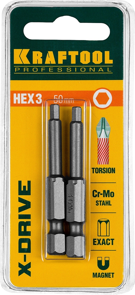 KRAFTOOL  X-Drive Hex 3, 50 мм, 2 шт, торсионные биты (26127-3-50-2) 26127-3-50-2