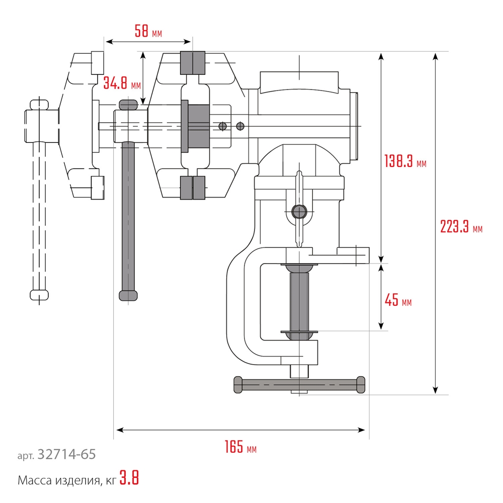 KRAFTOOL  3D-Mini, 65/38 мм, многофункциональные настольные тиски (32714-65) 32714-65