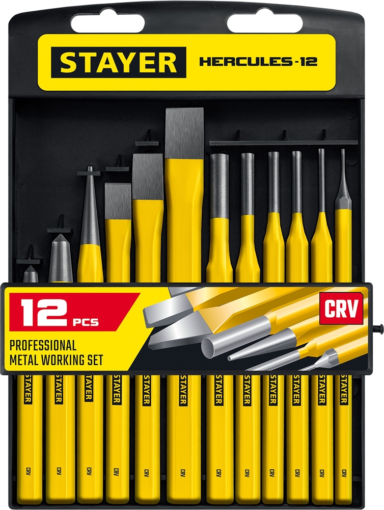 STAYER  Hercules, 12 предметов, набор зубил и кернеров в пластиковом держателе, Professional (21077-H12) 21077-H12