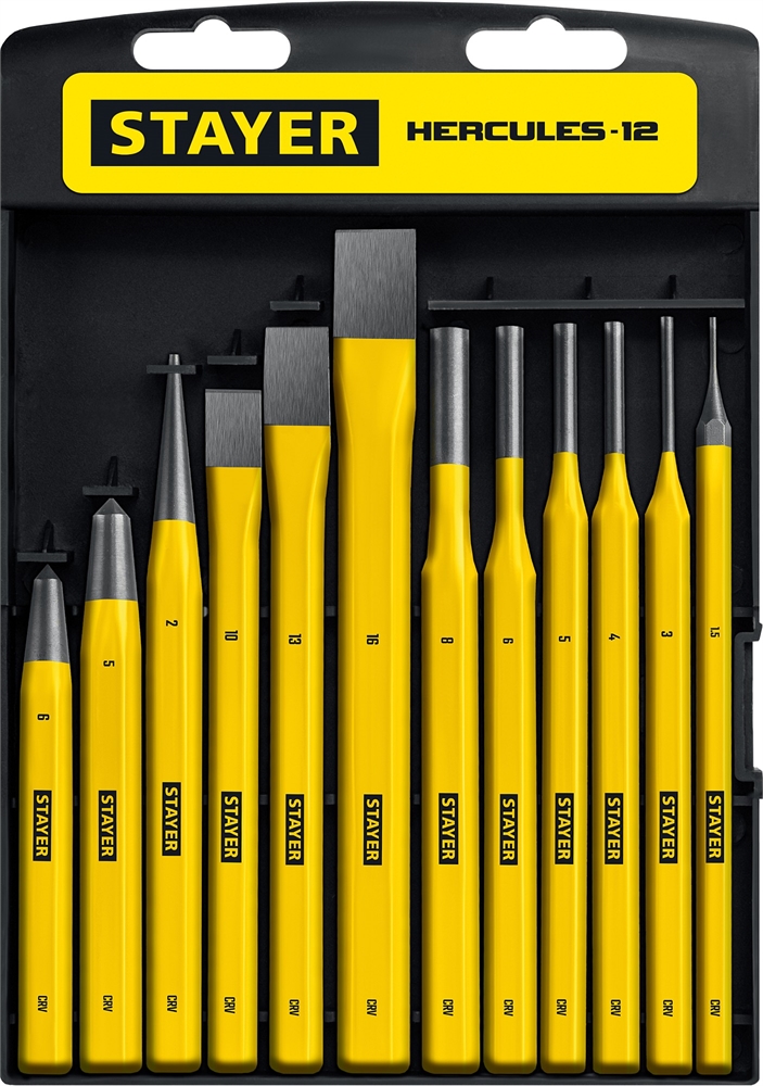 STAYER  Hercules, 12 предметов, набор зубил и кернеров в пластиковом держателе, Professional (21077-H12) 21077-H12