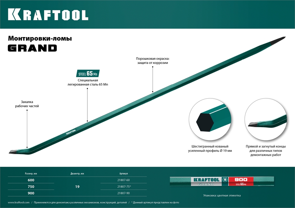 KRAFTOOL  750 мм, 19 мм, монтажный лом (21807-75) 21807-75_z01