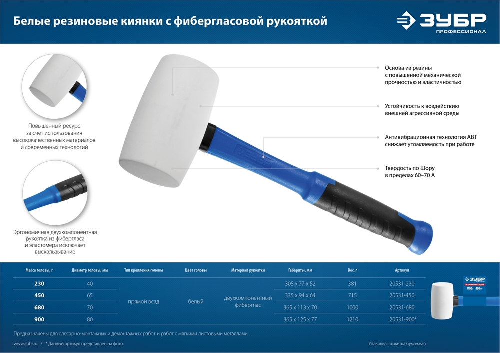 ЗУБР  230 г, белая, резиновая киянка, Профессионал (20531-230) 20531-230_z02