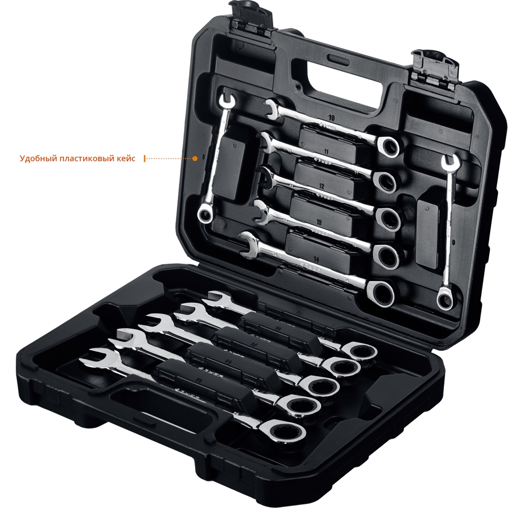 ЗУБР  12 шт, 8 - 19 мм, набор комбинированных трещоточных гаечных ключей, Профессионал (27073-H12) 27073-H12