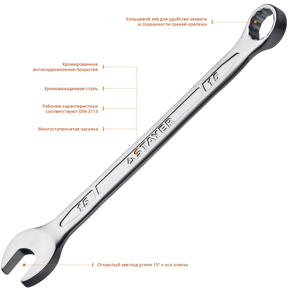 STAYER  HERCULES, 15 мм, комбинированный гаечный ключ, Professional (27081-15) 27081-15_z01