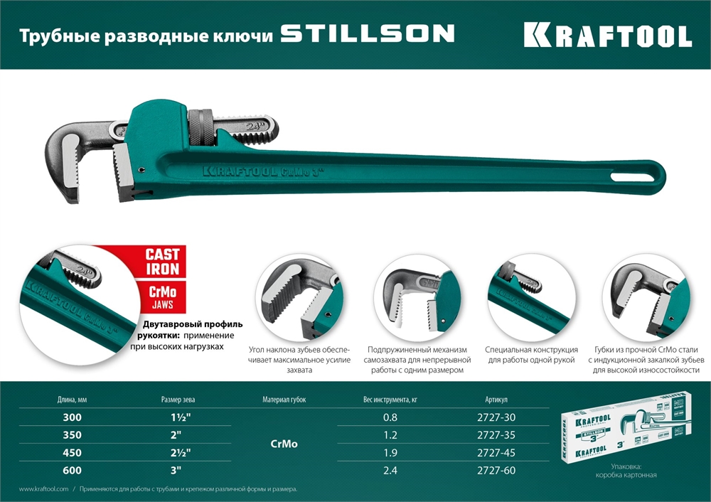 KRAFTOOL  STILLSON, 2.5″, 450 мм, трубный разводной ключ (2727-45) 2727-45