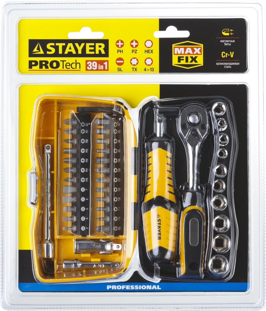 STAYER  Pro Tech 39, 39 предм., универсальный набор инструмента (25135-H39) 25135-H39