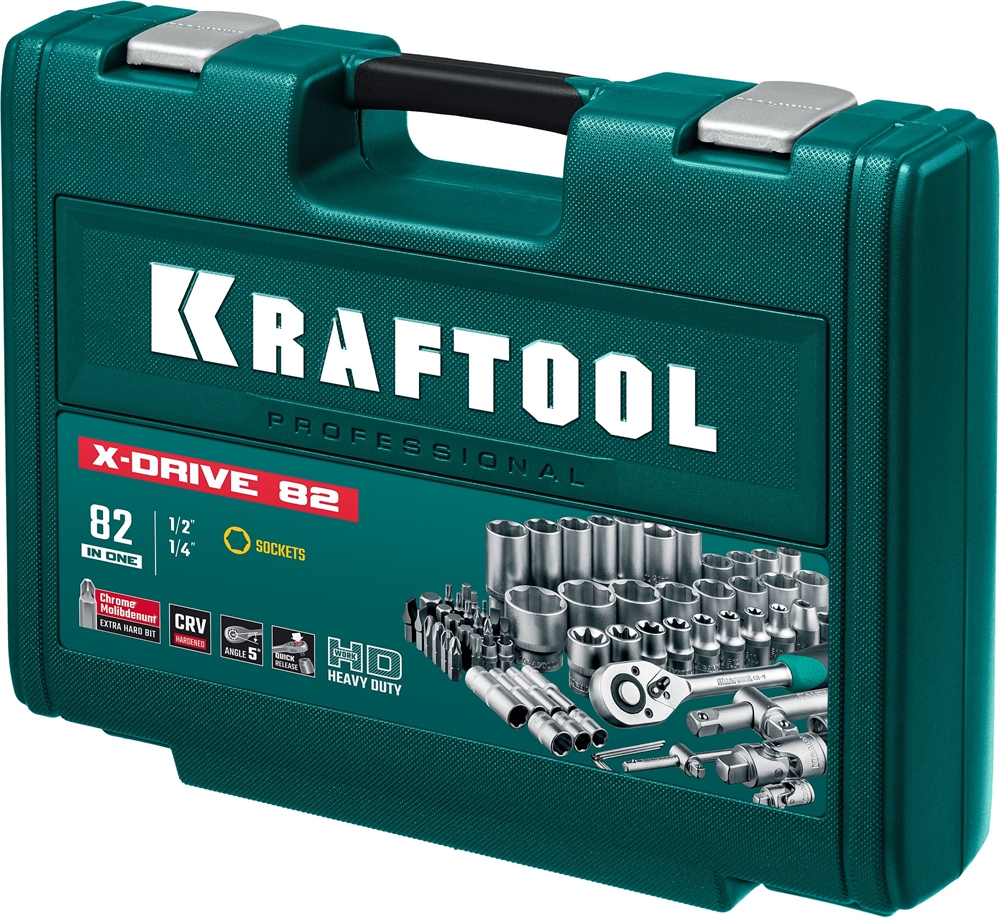 KRAFTOOL  X-Drive 82, 82 предм., (1/2″+1/4″), универсальный набор инструмента (27887-H82) 27887-H82_z03
