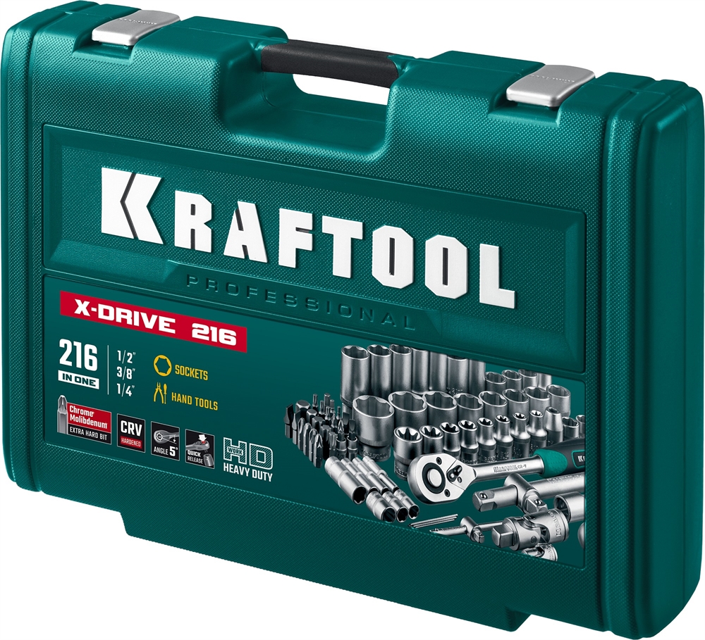 KRAFTOOL  X Drive, 216 предм., (1/2″+3/8″+1/4″), универсальный набор инструмента (27888-H216) 27888-H216