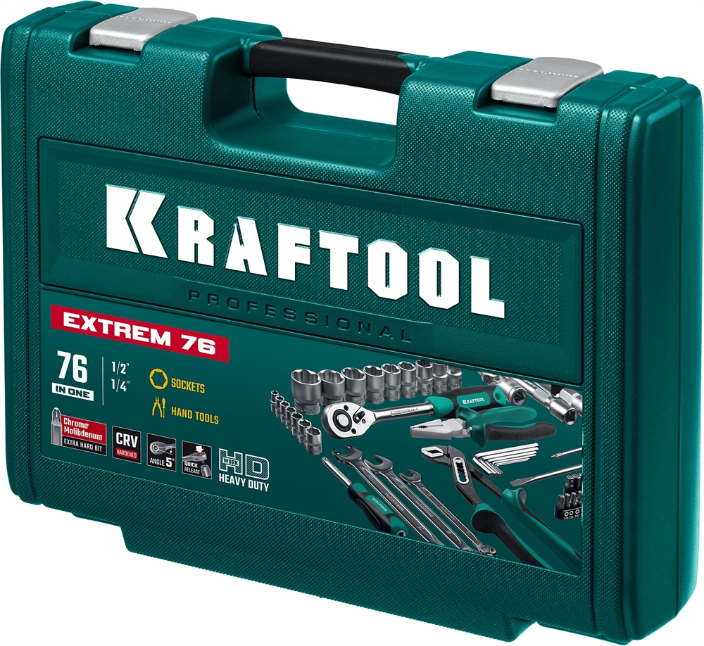 KRAFTOOL  EXTREM-76, 76 предм., (1/2″+3/8″+1/4″), универсальный набор инструмента (27889-H76) 27889-H76