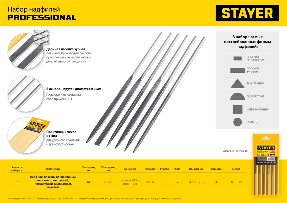 STAYER  6 шт 140 мм, в чехле, набор надфилей (16013-H6) 16013-H6