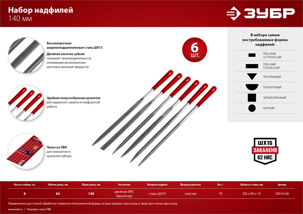 ЗУБР 6 шт, 140 мм, в чехле, с ручками, набор надфилей (16014-H6) 16014-H6
