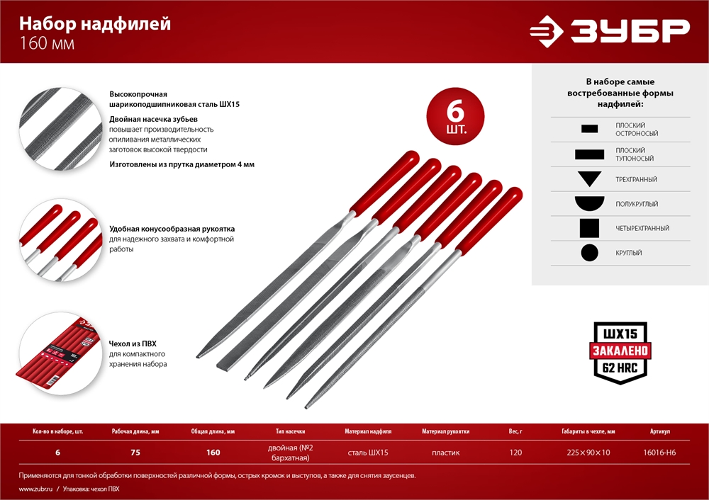 ЗУБР 6 шт, 160 мм, в чехле, с ручками  набор надфилей (16016-H6) 16016-H6