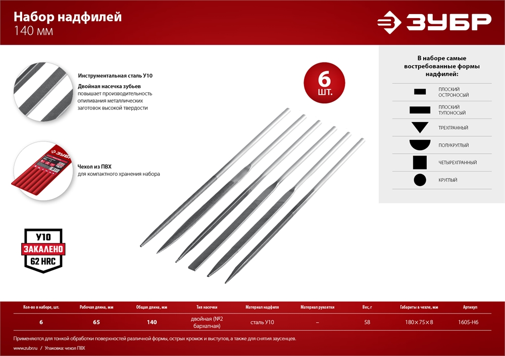 ЗУБР  6 шт, 140 мм, набор надфилей в чехле (1605-H6) 1605-H6