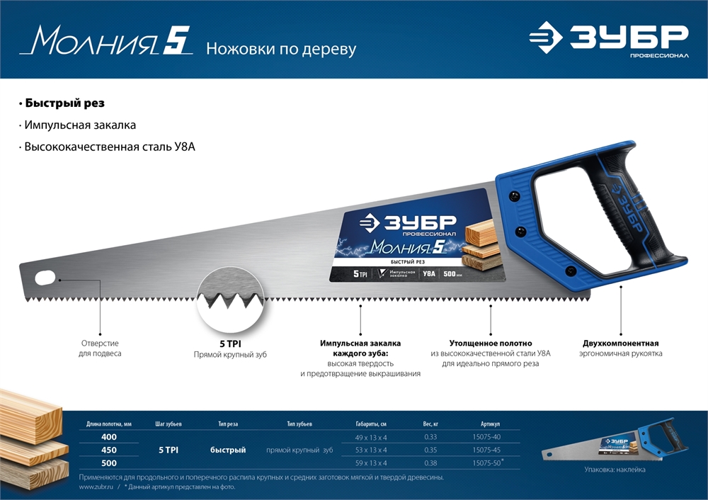 ЗУБР  Молния-5, 500 мм, 5TPI, ножовка по дереву, Профессионал (15075-50) 15075-50_z02