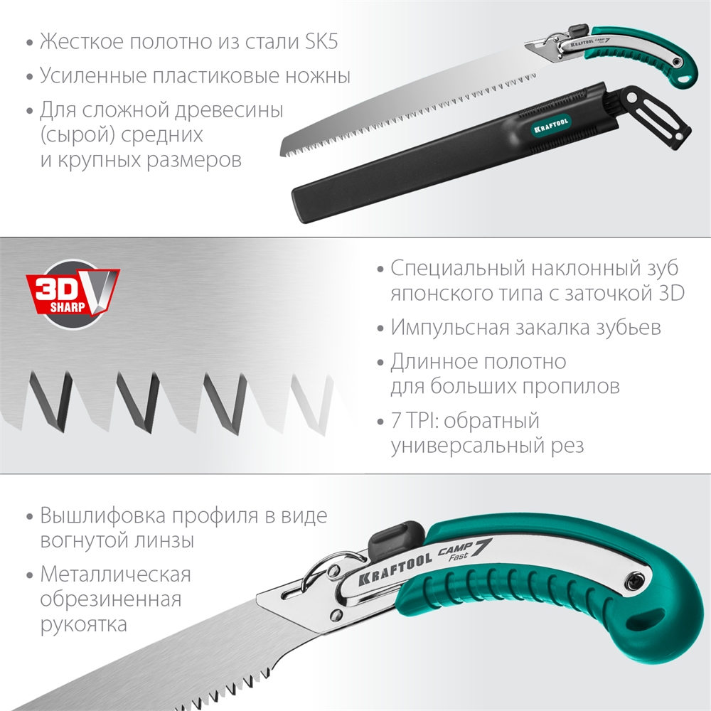 KRAFTOOL  Camp Fast 7, 350 мм, ножовка для быстрого реза сырой древесины (15216) 15216