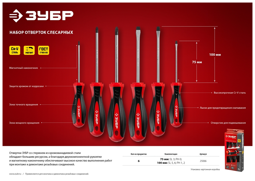 ЗУБР  Мастер-6, 6 предм, набор отвёрток (25066) 25066
