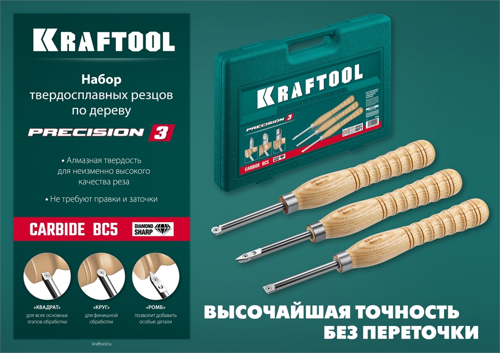 KRAFTOOL  Precision-3, 3 предм., набор ручных резцов по дереву (18369) 18369