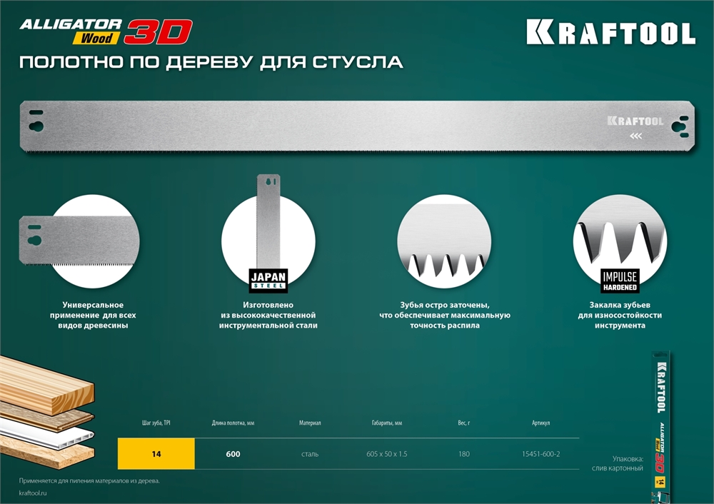 KRAFTOOL  Alligator 3D, 600 мм, полотно по дереву для прецизионного стусла (15451-600-2) 15451-600-2