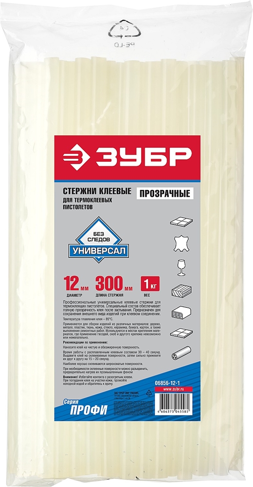 ЗУБР  11 х 300 мм, 34 шт, сверхпрочные прозрачные клеевые стержни, Профессионал (06856-12-1) 06856-12-1