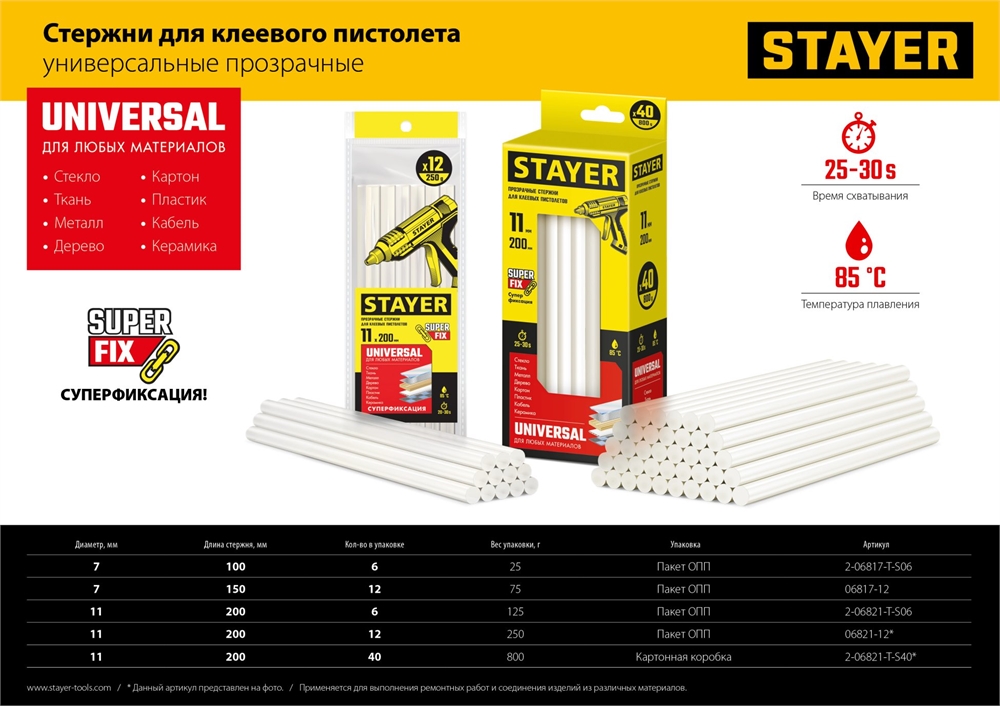 STAYER  Cristal, 7 х 100 мм, 6 шт, прозрачные, универсальные клеевые стержни Professional (2-06817-T-S06) 2-06817-T-S06