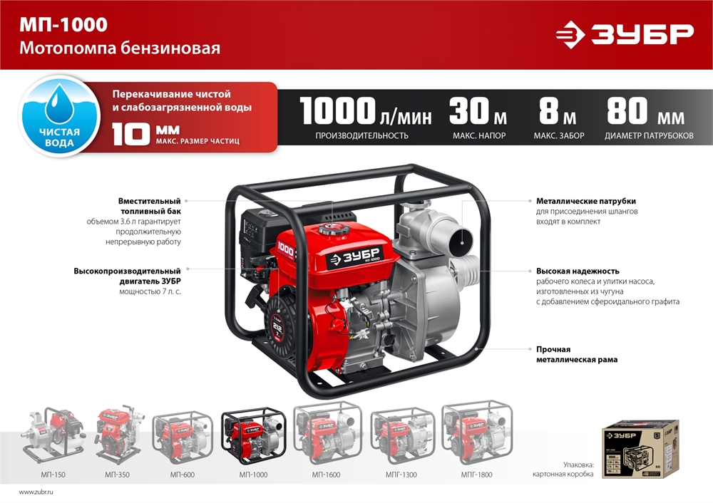 ЗУБР  1000 л/мин, мотопомпа бензиновая (МП-1000) МП-1000