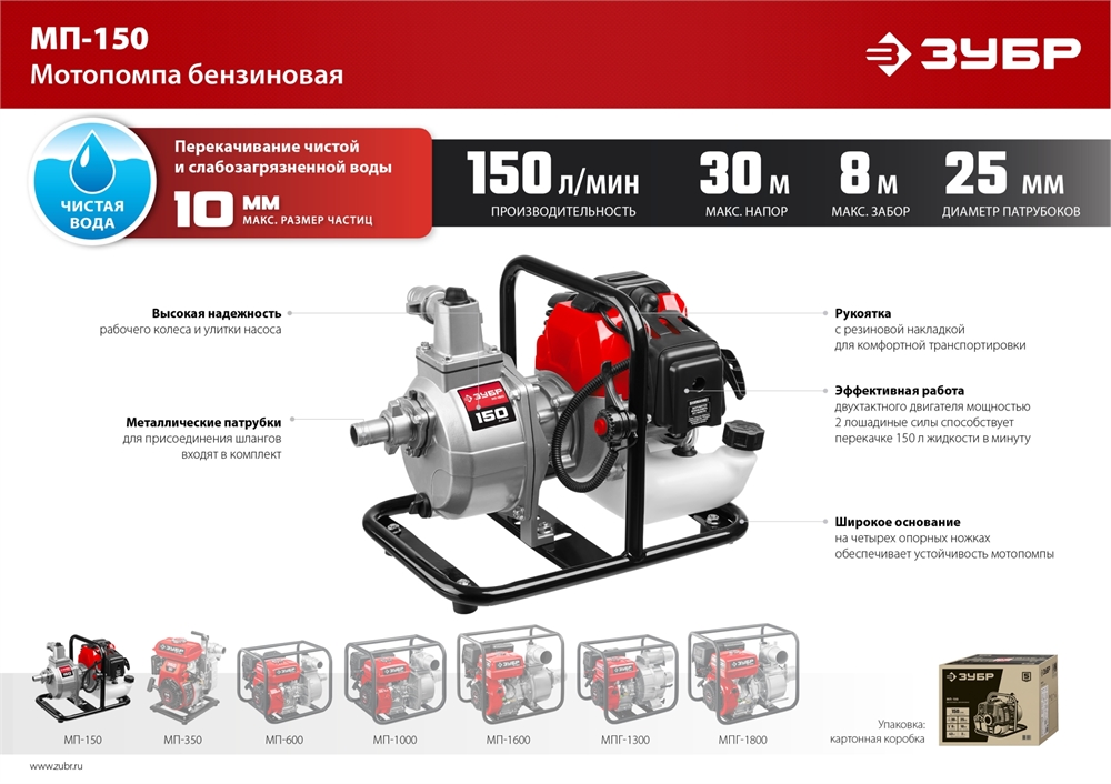 ЗУБР  150 л/мин, мотопомпа бензиновая (МП-150) МП-150