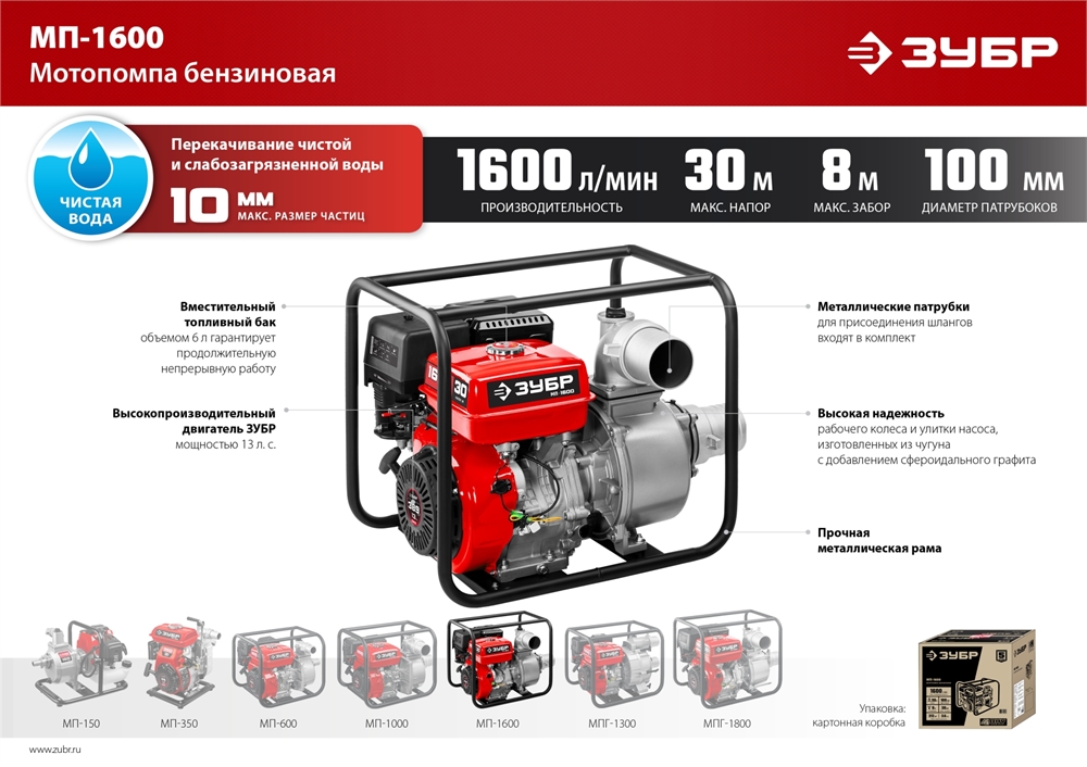 ЗУБР  1600 л/мин, мотопомпа бензиновая (МП-1600) МП-1600