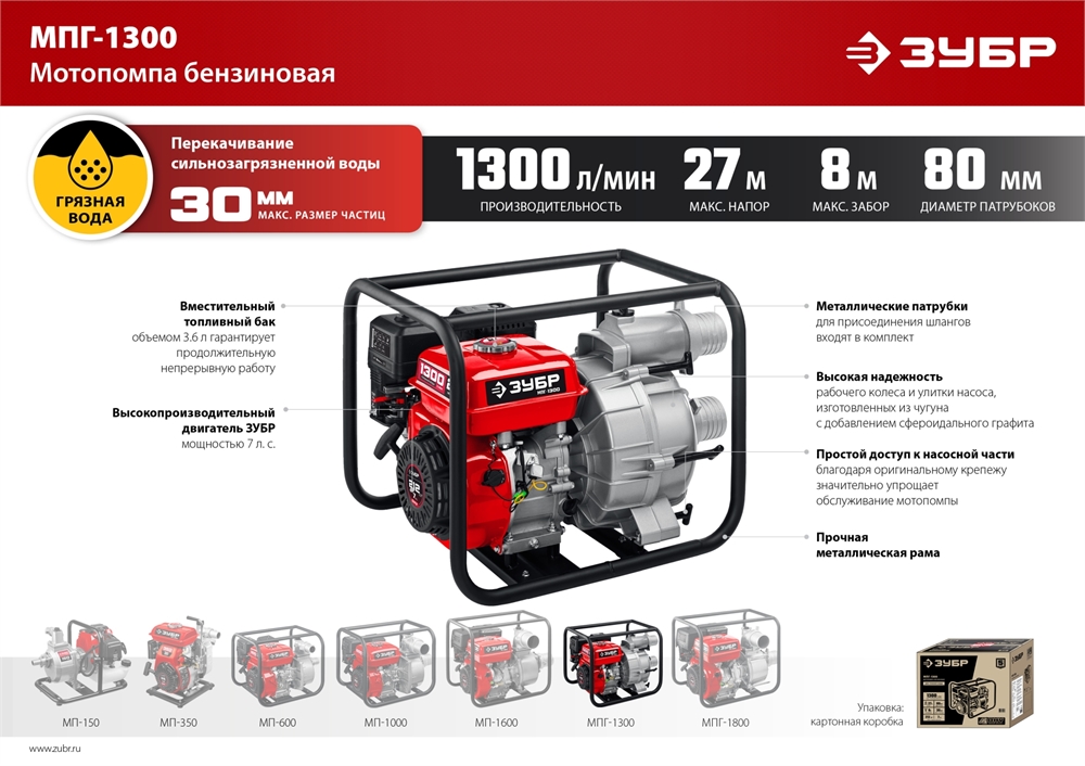 ЗУБР  1300 л/мин, мотопомпа бензиновая для грязной воды (МПГ-1300) МПГ-1300