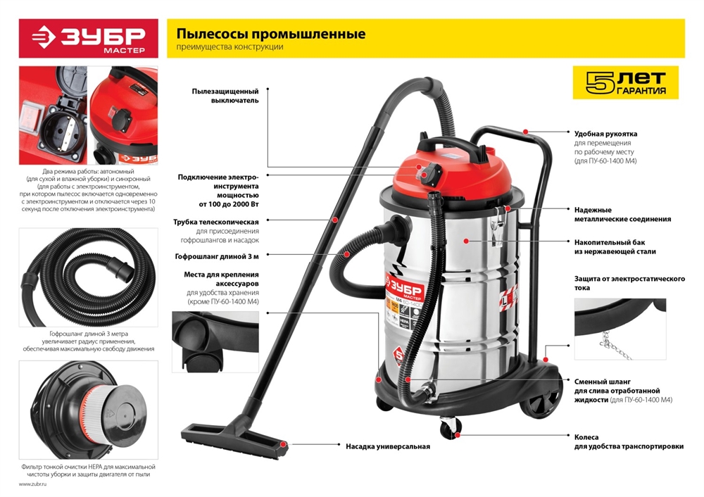 ЗУБР   М3, 20 л, 1400 Вт, строительный пылесос (ПУ-20-1400 М3) ПУ-20-1400 М3