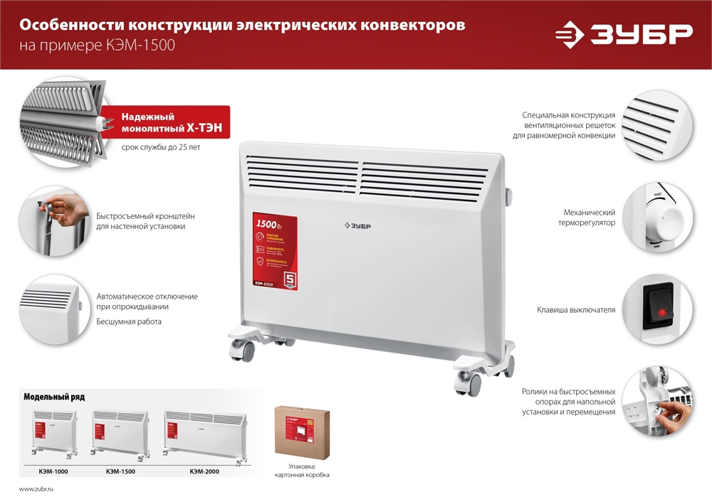 ЗУБР  М серия 1 кВт, электрический конвектор (КЭМ-1000) КЭМ-1000