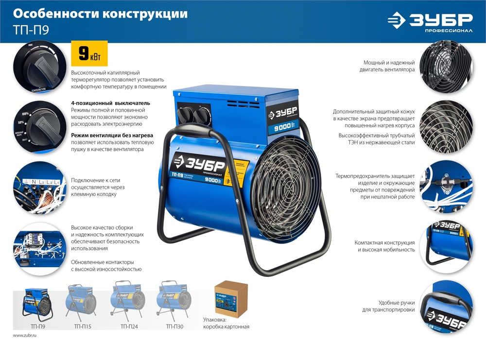 ЗУБР  9 кВт, электрическая тепловая пушка, Профессионал (ТП-П9) ТП-П9