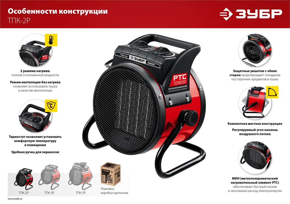 ЗУБР  2 кВт, электрическая тепловая пушка (ТПК-2Р) ТПК-2Р