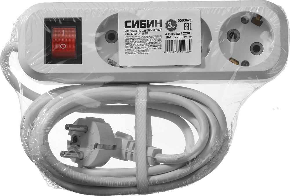 СИБИН  У-30 В, ПВС, 3 х 0.75 мм2, 3 гн., 3 м, выключатель 2200 Вт, бытовой удлинитель (55036-3) 55036-3
