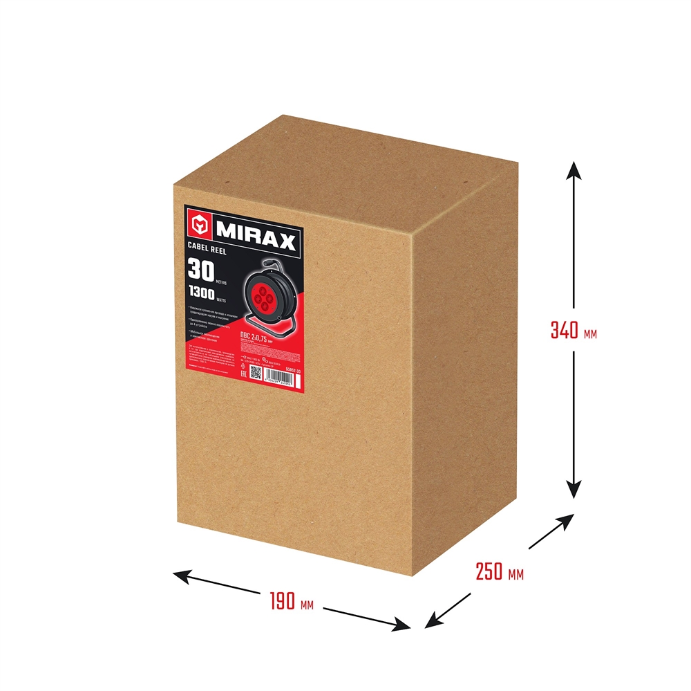 MIRAX  ПВС, 2 х 0.75 мм2, 30 м, 1300 Вт, удлинитель на катушке (55052-30) 55052-30