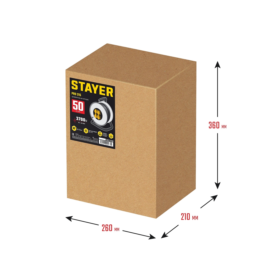 STAYER  PRO-315, КГ, 3 x 1.5 мм2, 50 м, 3700 Вт, IP44, силовой удлинитель на стальной катушке (55077-50) 55077-50_z01