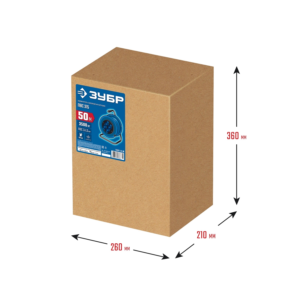 ЗУБР  ПВС 315, ПВС, 3 x 1.5 мм2, 50 м, 3500 Вт, IP44, силовой удлинитель на катушке, Профессионал (55081-50) 55081-50_z01
