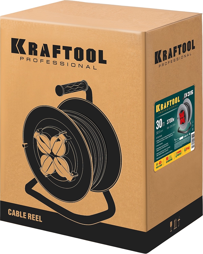 KRAFTOOL  K-315, КГ, 3 x 1.5 мм2, 30 м, 3700 Вт, IP44, силовой удлинитель на стальной катушке (55085-30) 55085-30_z01