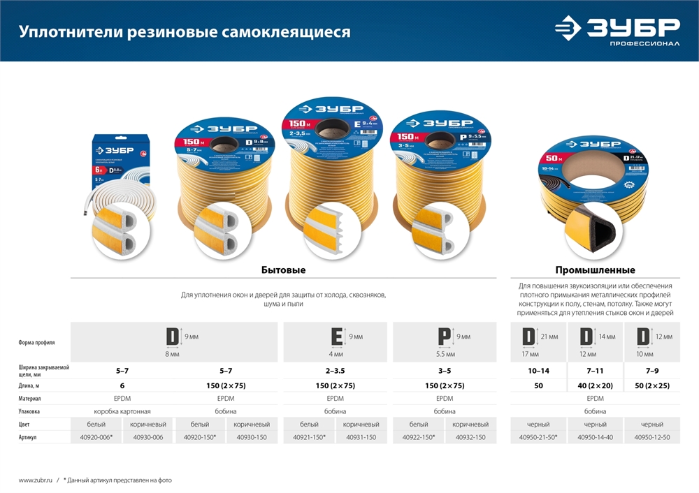 ЗУБР  150 м, E-профиль, размер 9 х 4 мм, коричневый, самоклеящийся резиновый уплотнитель, Профессионал (40931-150) 40931-150