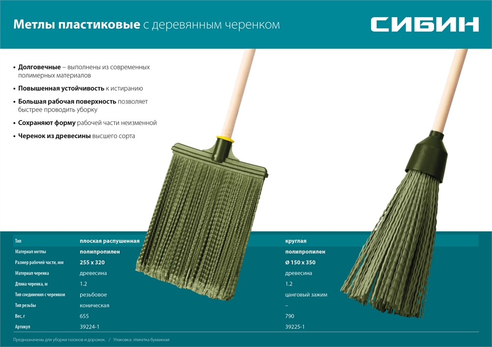 СИБИН  350 х 150 мм, полипропилен, коническое резьбовое соединение, круглая, на деревянном черенке, пластиковая метла (39225-1) 39225-1