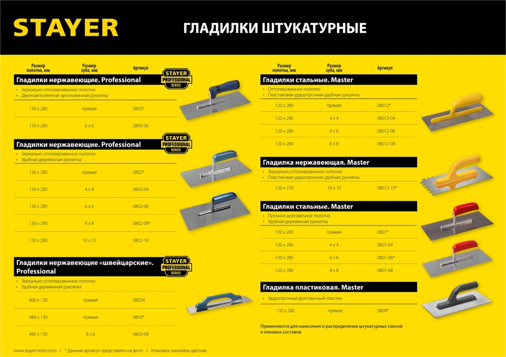 STAYER  130 х 280 мм, зуб 10 х 10 мм, штукатурная гладилка, Professional (0802-10) 0802-10