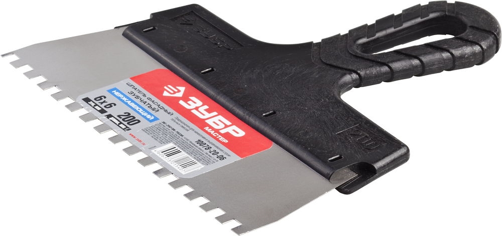 ЗУБР  200 мм, зуб 6 х 6 мм, зубчатый пластиковая ручка, нержавеющий, фасадный шпатель (10078-20-06) 10078-20-06