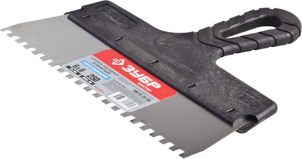 ЗУБР  250 мм, зуб 6 х 6 мм, зубчатый пластиковая ручка, нержавеющий, фасадный шпатель (10078-25-06) 10078-25-06