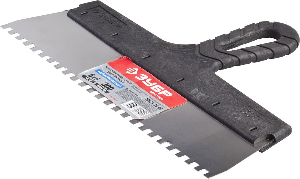 ЗУБР  300 мм, зуб 6 х 6 мм, зубчатый пластиковая ручка, нержавеющий, фасадный шпатель (10078-30-06) 10078-30-06