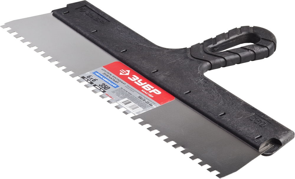 ЗУБР  350 мм, зуб 6 х 6 мм, зубчатый пластиковая ручка, нержавеющий, фасадный шпатель (10078-35-06) 10078-35-06