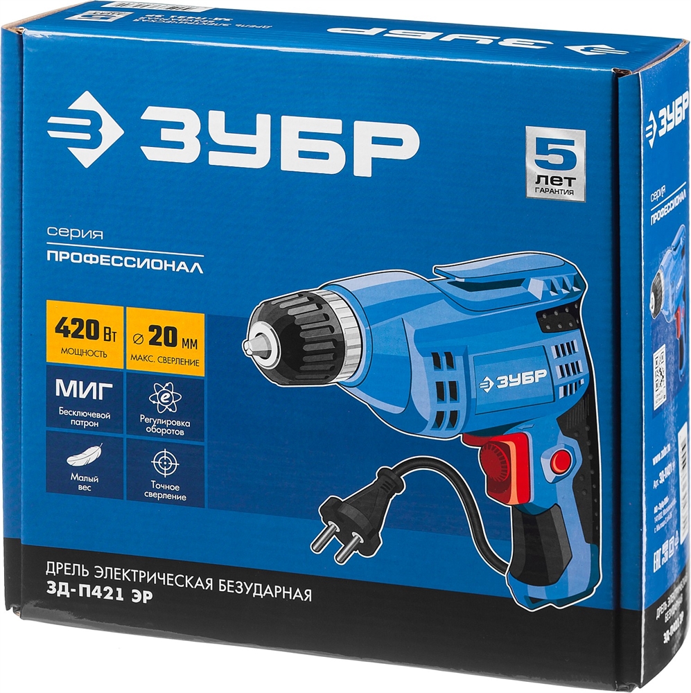 ЗУБР  420 Вт, 10 мм БЗП, безударная дрель, Профессионал (ЗД-П421 ЭР) ЗД-П421 ЭР