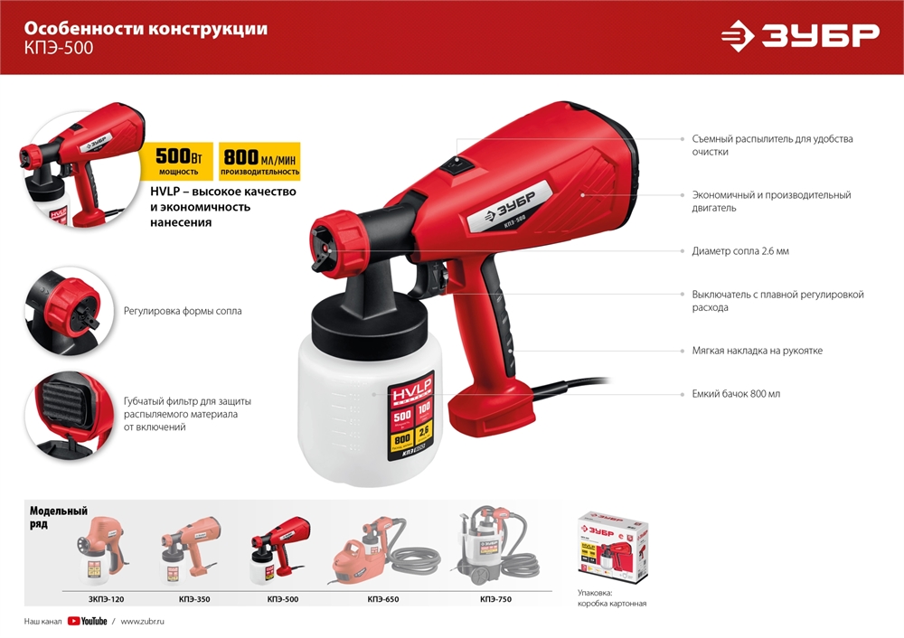 ЗУБР  500 Вт, краскопульт электрический, воздушный(КПЭ-500) КПЭ-500
