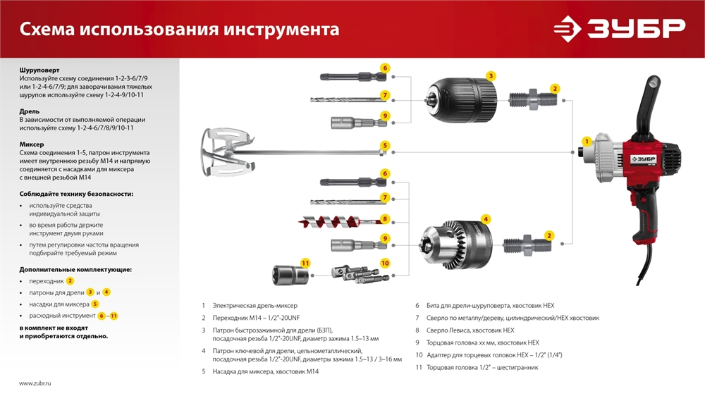 ЗУБР  1100 Вт, М14, дрель-миксер (МР-1100) МР-1100