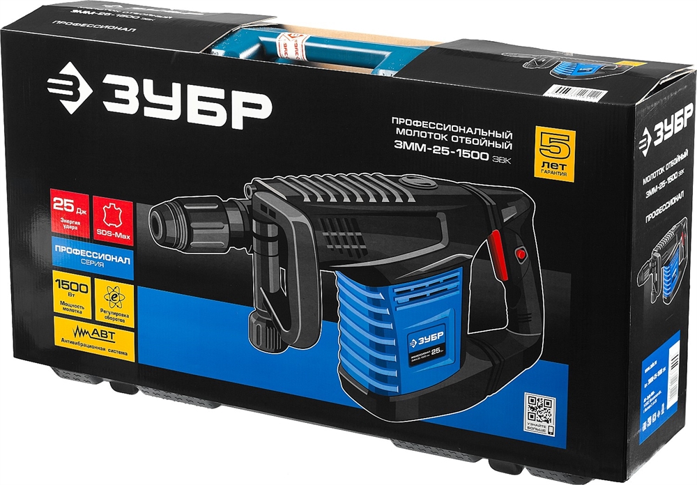 ЗУБР  25 Дж, 1500 Вт, АВТ, отбойный молоток SDS-Max, Профессионал (ЗММ-25-1500 ЭВК) ЗММ-25-1500 ЭВК