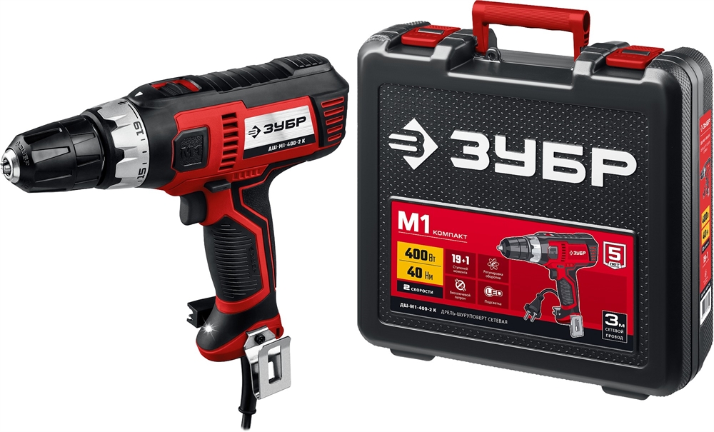 ЗУБР  400 Вт, 40 Н·м, кейс, сетевая дрель-шуруповерт (ДШ-М1-400-2 К) ДШ-М1-400-2 К
